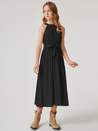 LaBeca Girls Floral Printed High Waist Midi Belted Dress with Pocket for Casual Party