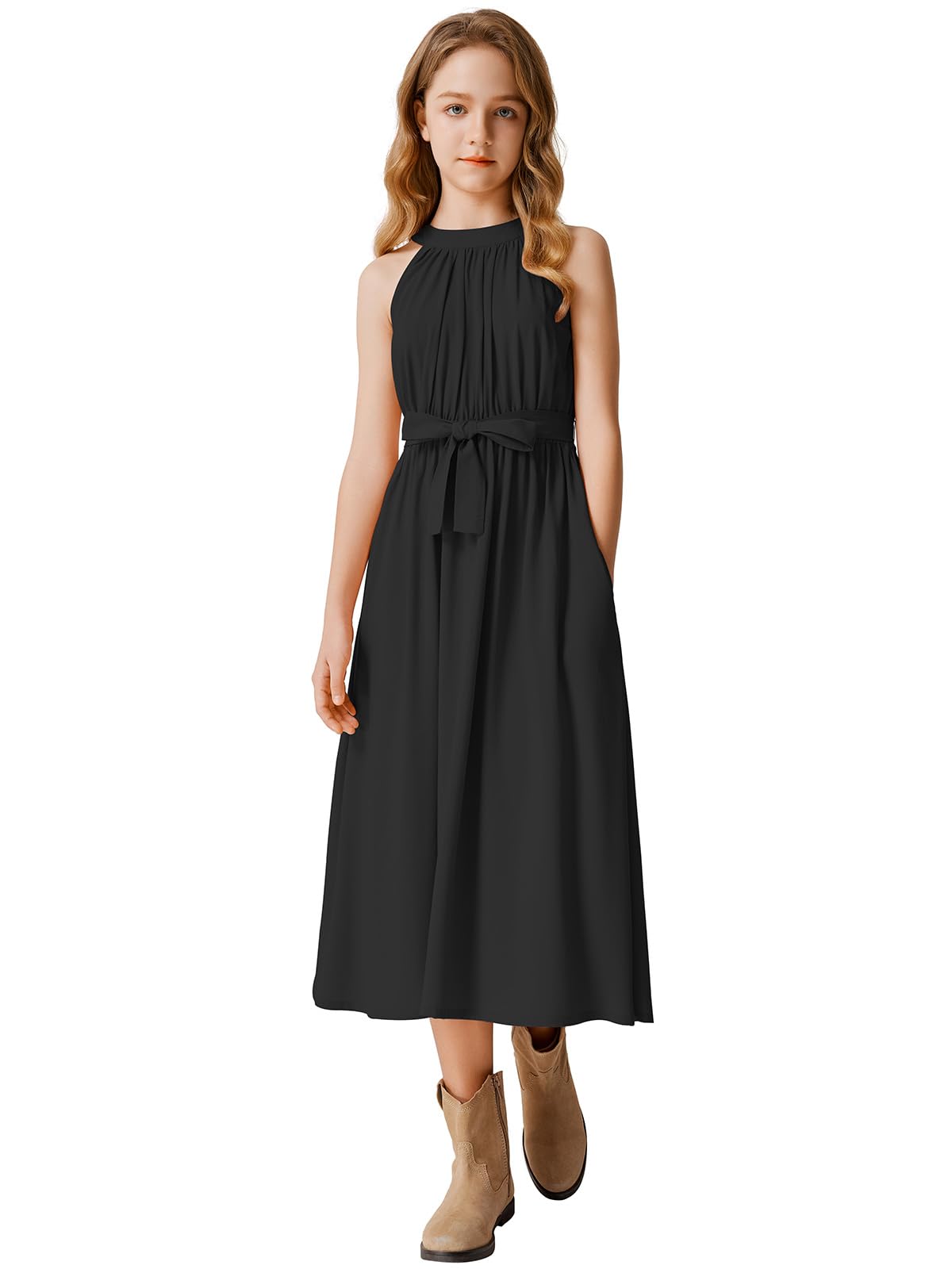 LaBeca Girls Floral Printed High Waist Midi Belted Dress with Pocket for Casual Party