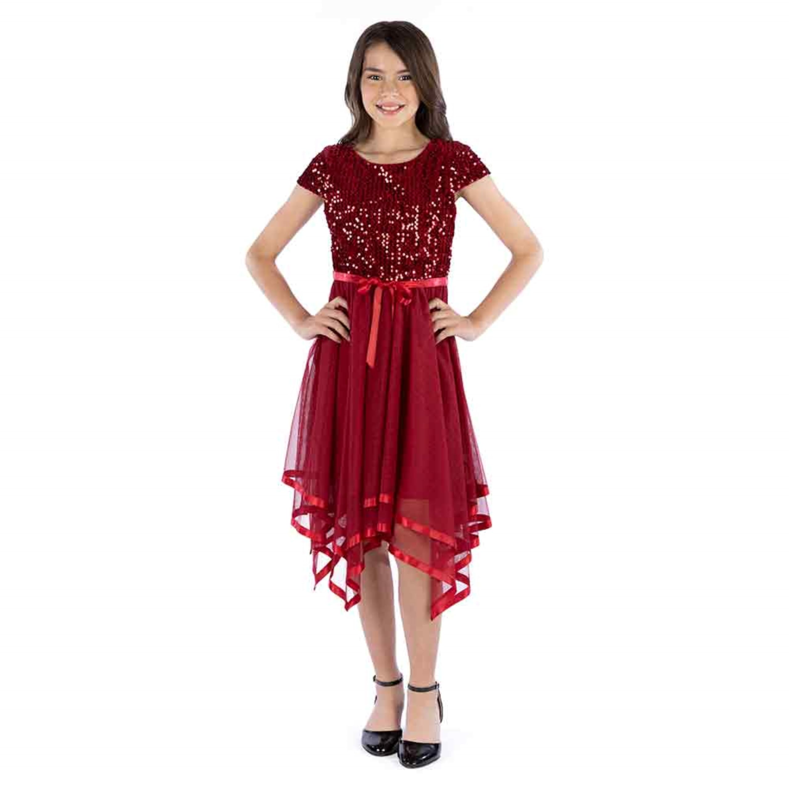 Speechless Girls' Short Sleeve Sequin Bodice Tulle Skirt Party Dress with Hanky Hem for Formal Events Featuring Glitter